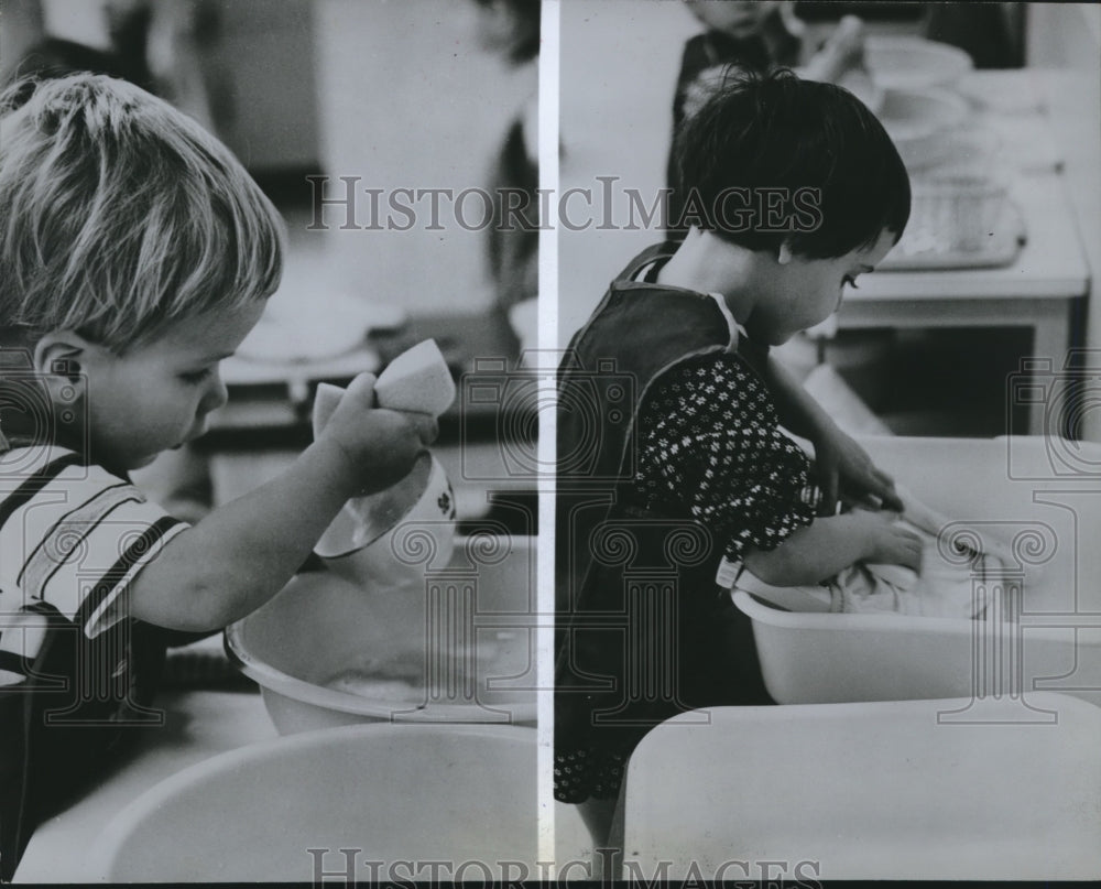 1968 Press Photo Children Washing Ordinary Dinnerware & Delicate China. - Historic Images
