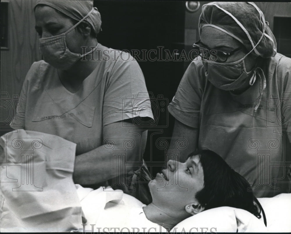 1968 Mrs. Gardner in delivery room prepares for childbirth - Historic Images