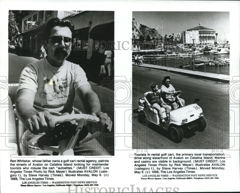 1988 Press Photo Ron Whitaker and tourist use golf cart on Catalina Island, CA - Historic Images