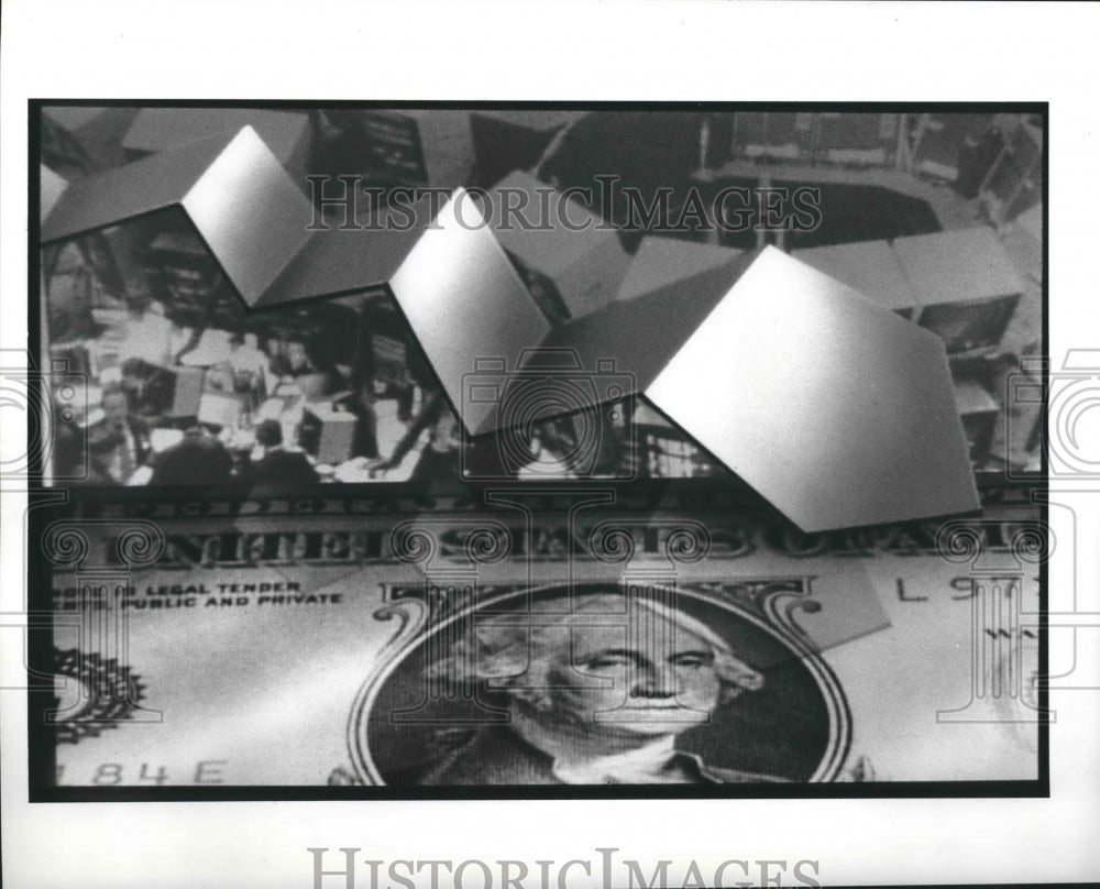 1989 Image of Dollar bills expressed with graph arrow - Historic Images