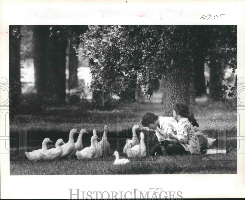 1981 Houston Couple Shares Their Lunch With A Family of Ducks. - Historic Images