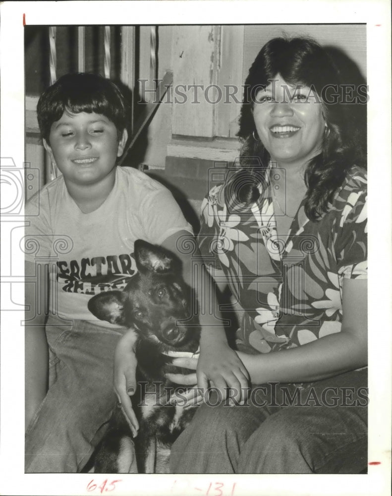 1982 Janie Gutierrez &amp; son, Crescencio with pet dog Blacky, Houston - Historic Images
