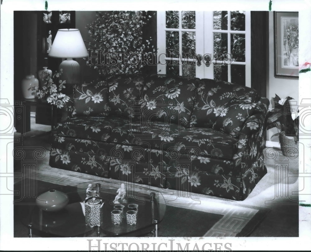 1986 Black flowered sofa, furniture, Houston - Historic Images
