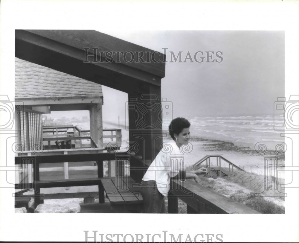 1986 Anne Reiswerg On Deck Overlooking Beach in Galveston, Texas. - Historic Images