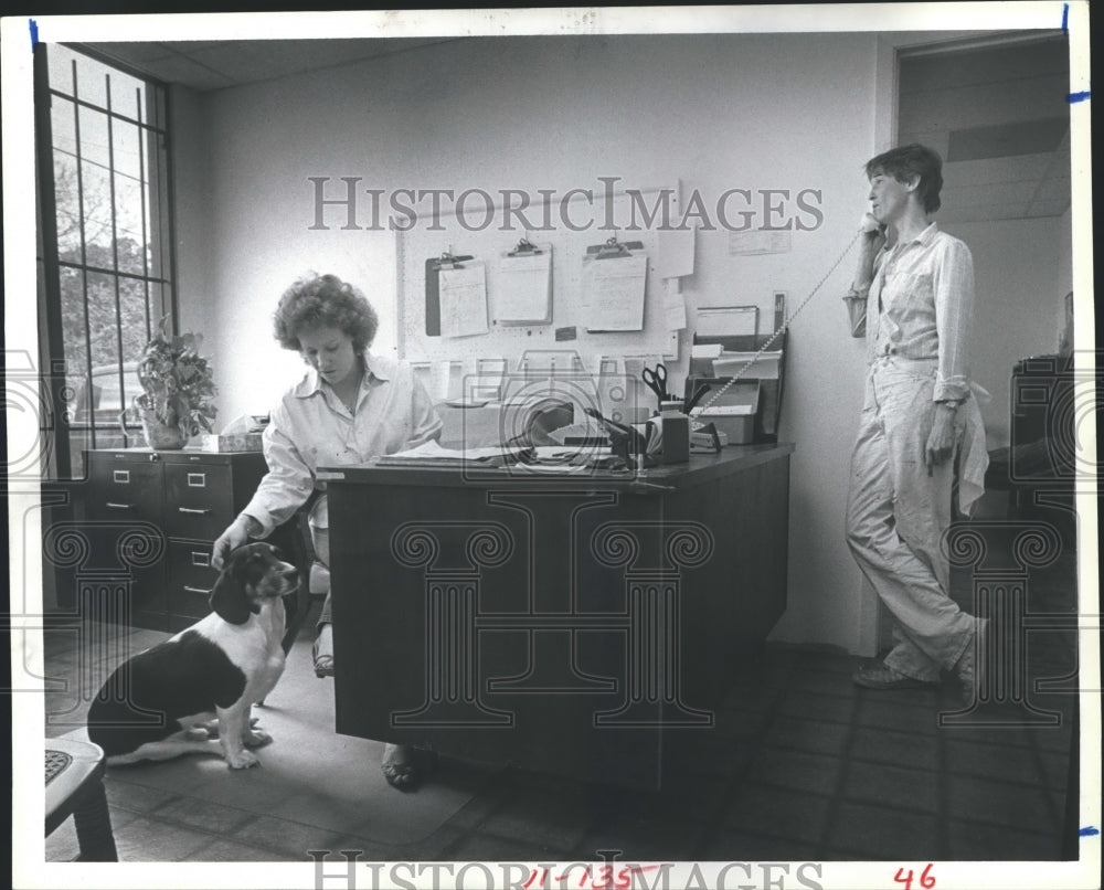 1986 Press Photo Furniture Restorer Susan Neptune On phone, Marion Gilmore &amp; Dog - Historic Images