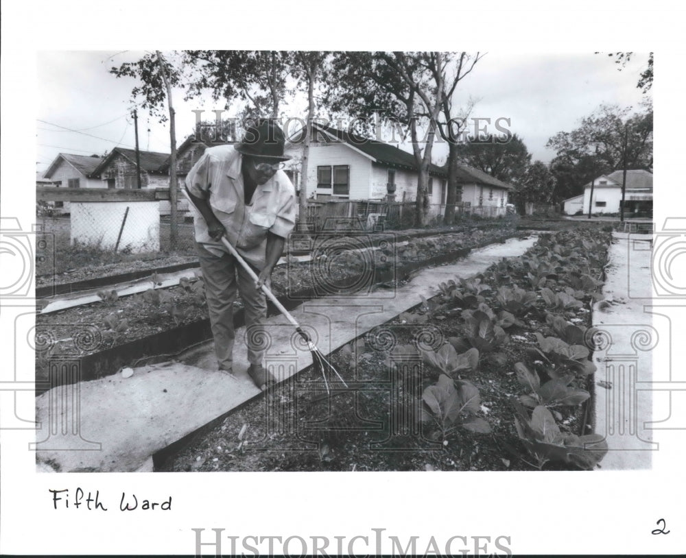 1989 Press Photo Man works his garden in the Fifth Ward, Houston - hca19289 - Historic Images