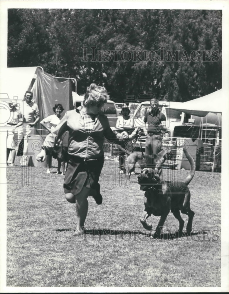 1980 Dog and trainer at San Jacinto Kennel Club Dog Show, Pasadena - Historic Images