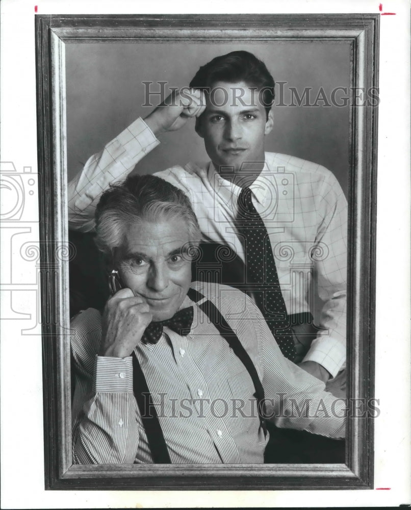 1987 Press Photo Dad &amp; Son Wear Striped Shirt By DAKS Fashion For Men. - Historic Images