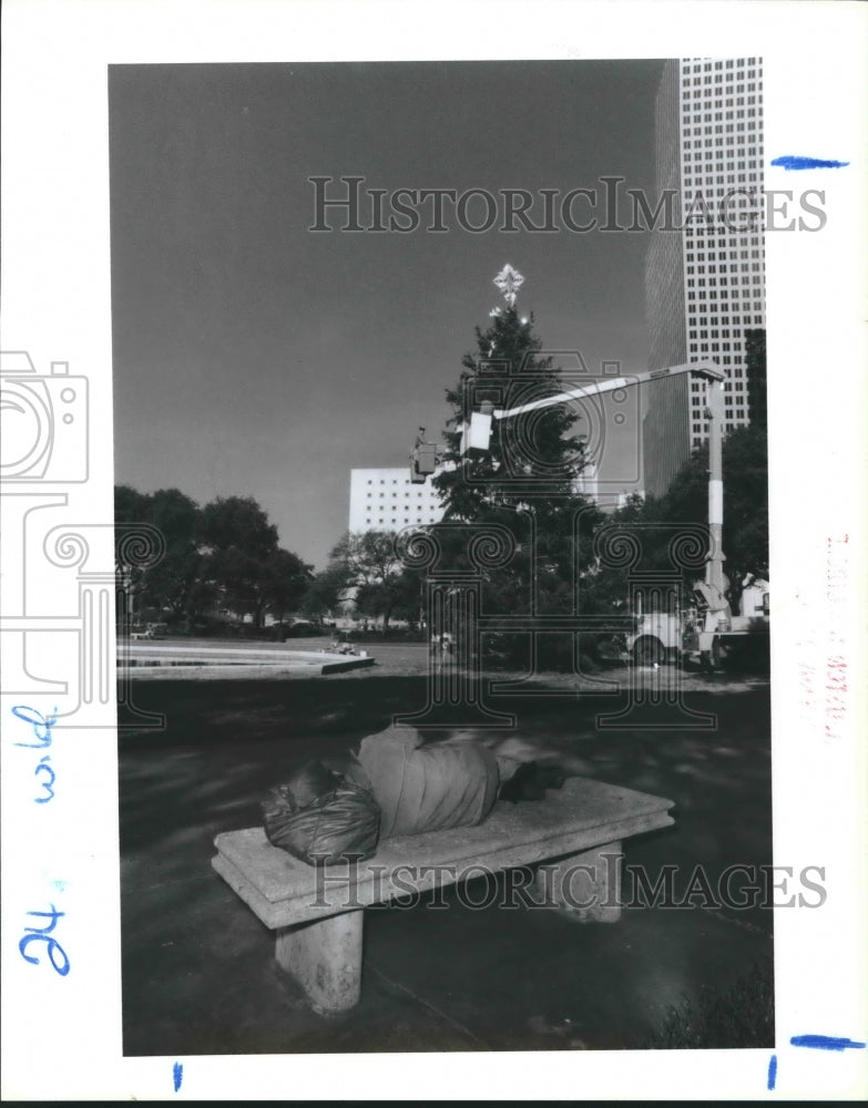 1988 Press Photo Homeless Man Sleeps On Bench Near Houston Christmas Tree. - Historic Images