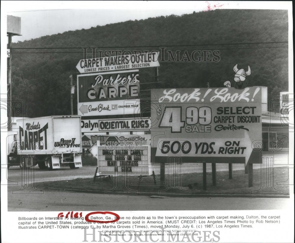 1987 Press Photo Billboards On Interstate 75 Leading To Dalton, Georgia.- Historic Images