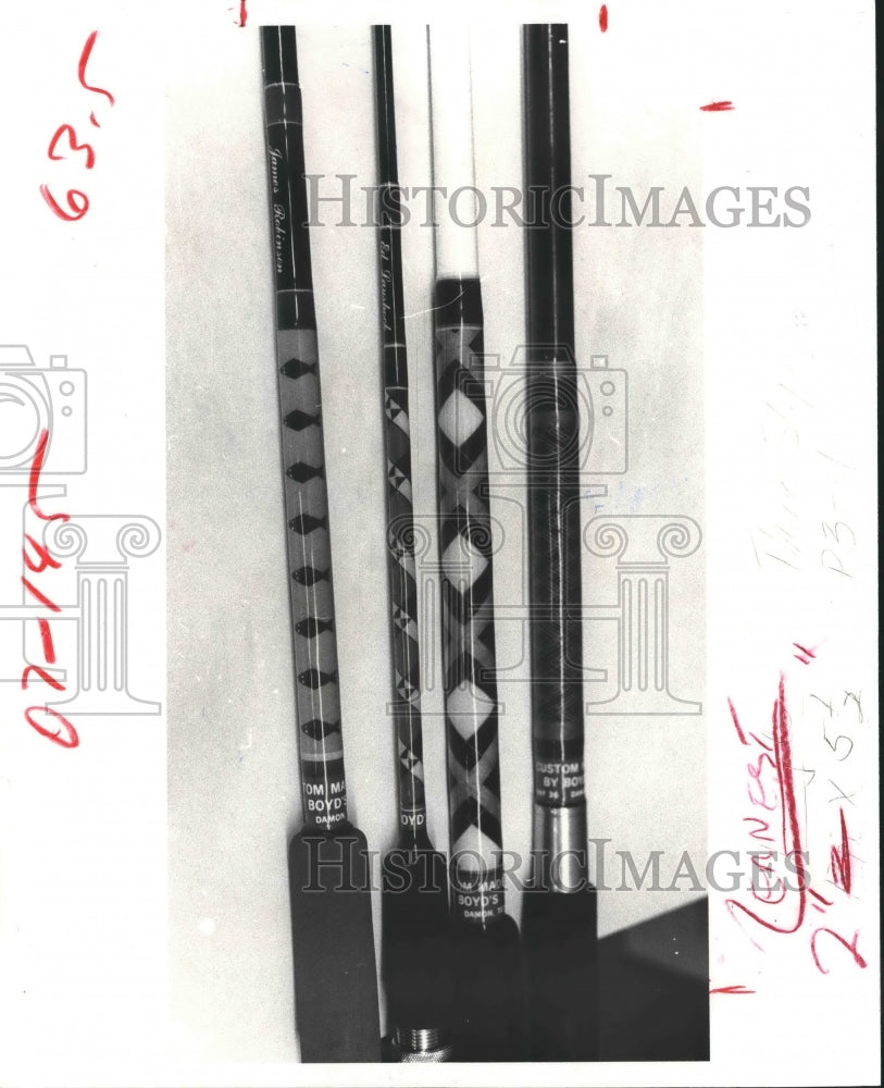 1980 Press Photo Fishing rods made by Ernest "Poppa" Boyd - hca21410 - Historic Images