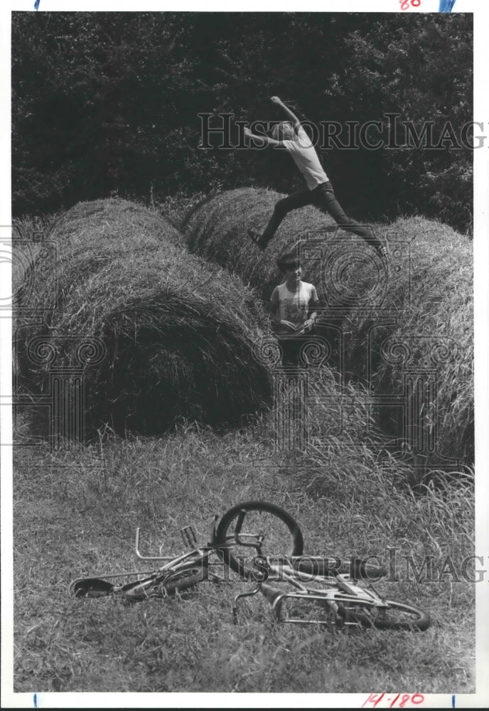 1982 Joey Krause and Kyle Cragg play in hay, Industry, Texas - Historic Images