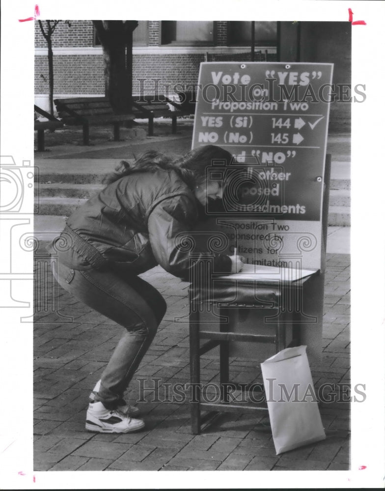 1991 Voter outside polling place at Lanier Junior H.S., Houston - Historic Images