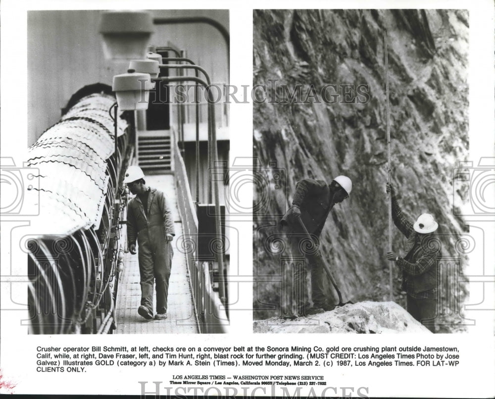 1987 Employees at Sonora Mining Co. gold ore crushing plant in CA - Historic Images