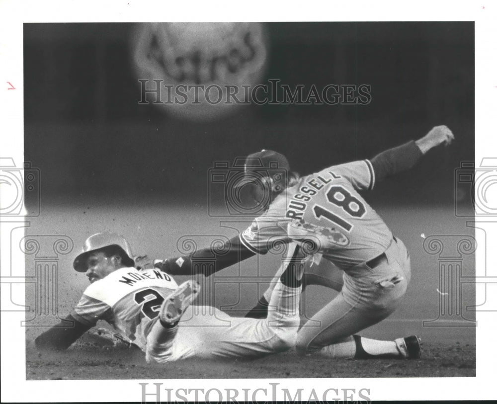 1983 Houston Astro's Omar Moreno Tagged Out on Attempted Steal - Historic Images