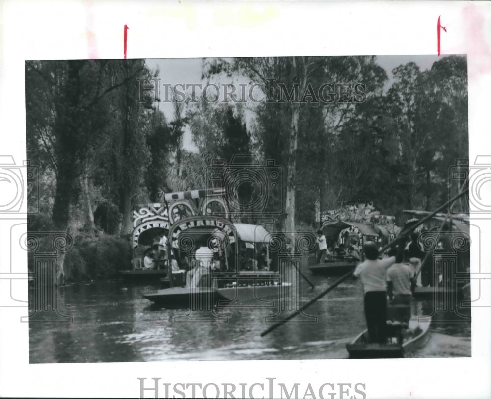 1989 Tourist boats on canals of Floating Gardens, Mexico City - Historic Images