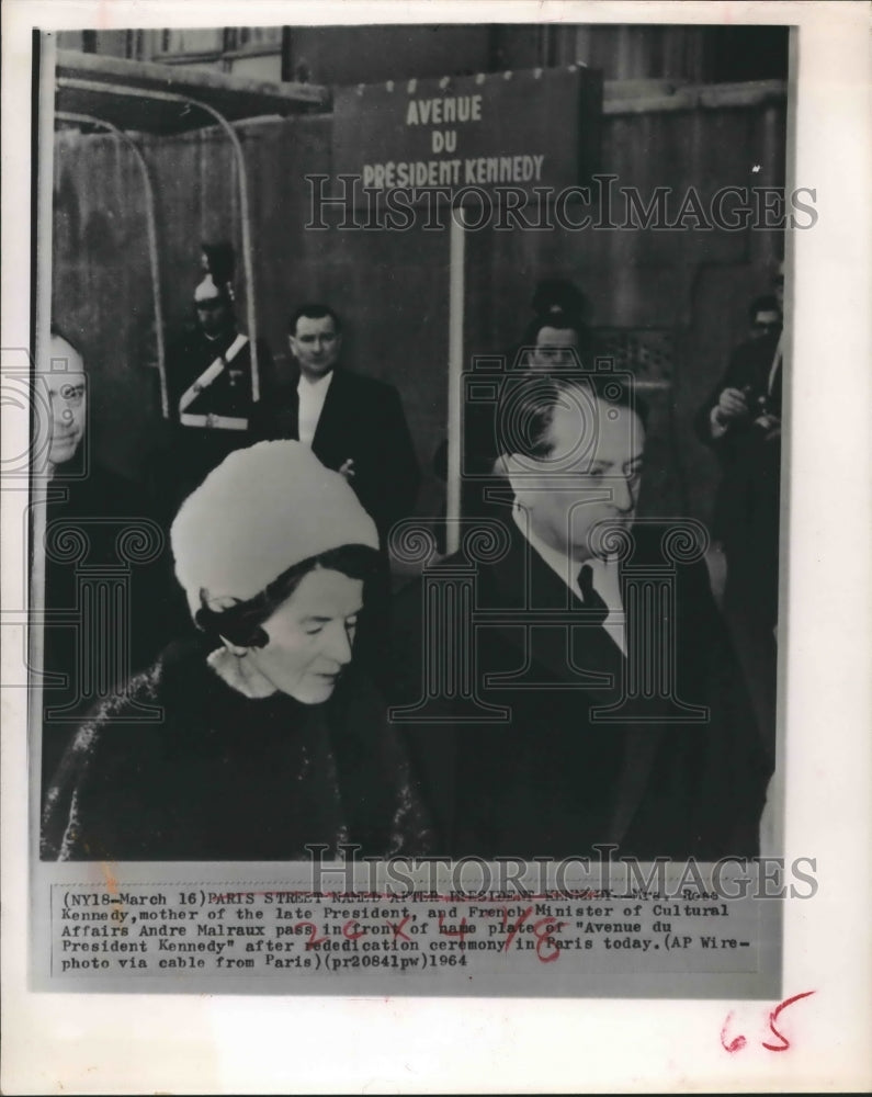 1964 Press Photo Rose Kennedy and Andre Maraux at Rededication Ceremony in Paris - Historic Images