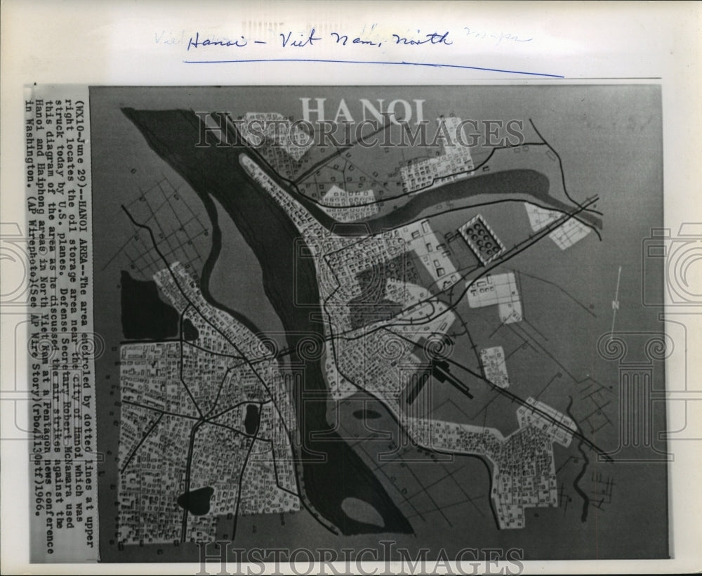 1966 Press Photo Map of Hanoi area, North Vietnam shows location of oil storage - Historic Images