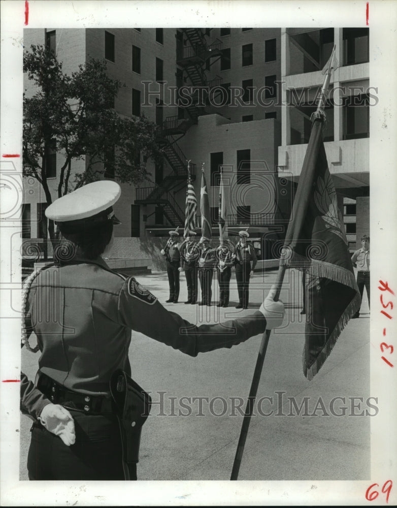 1985 Harris Co Sheriff's Dept color guard honor slain officers in TX - Historic Images