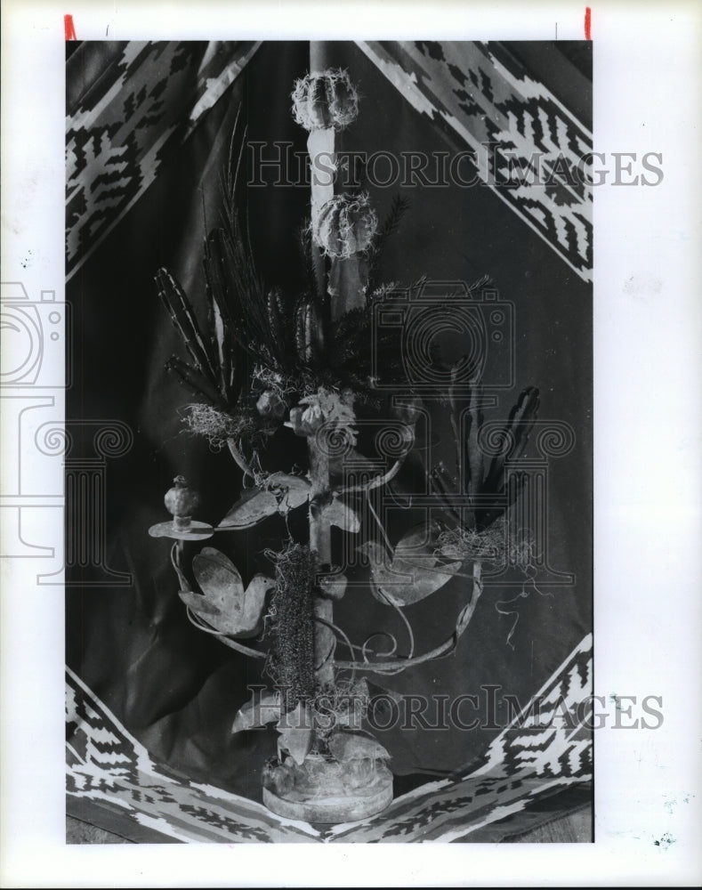 1990 Banksia protea displayed in copper color candelabrum - Historic Images