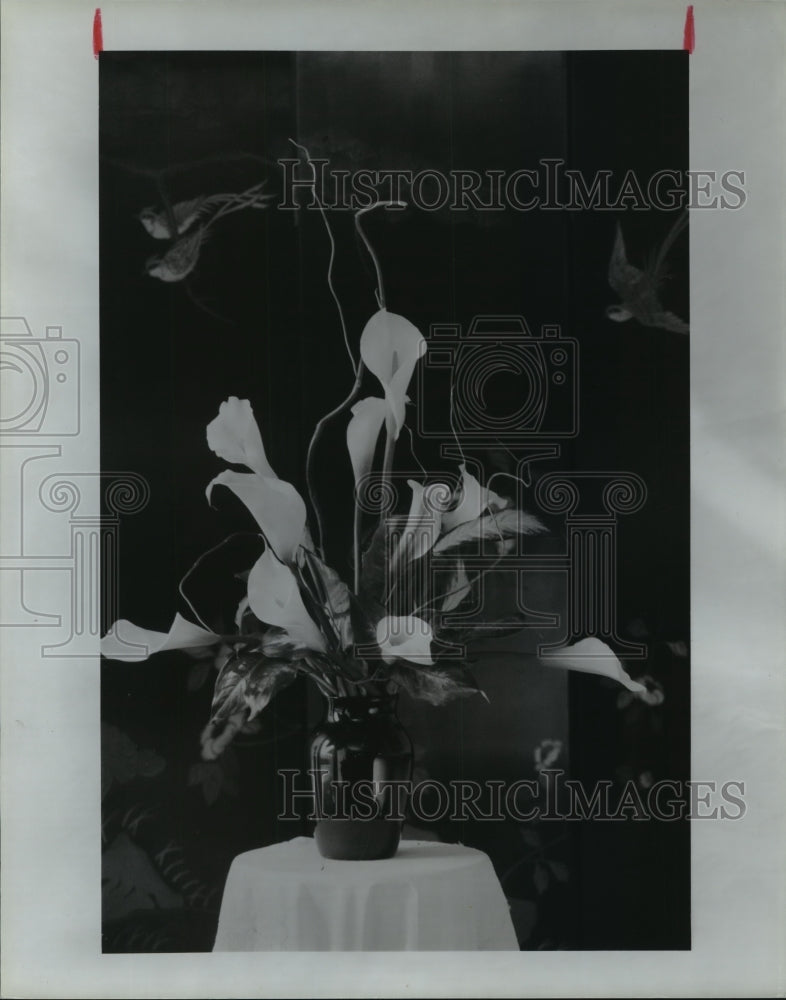 1991 Springs of corkscrew will and white callas in vase - Historic Images