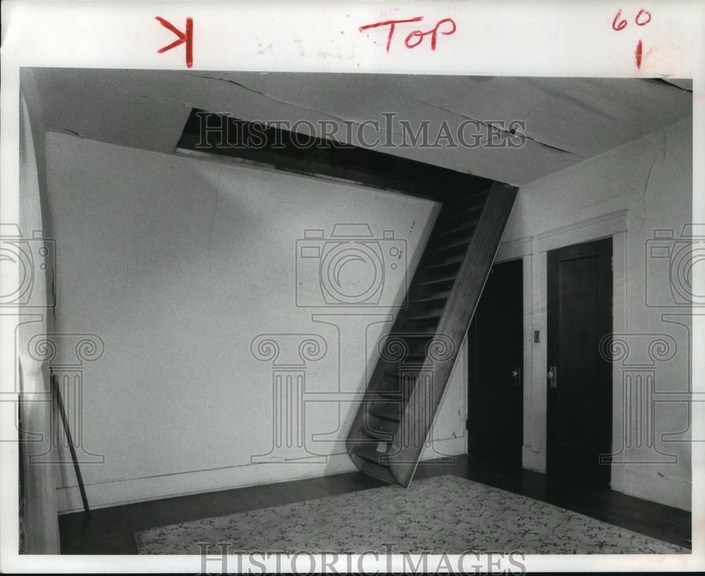 1977 Room before remodeling has attic stairs dropped from ceiling TX - Historic Images