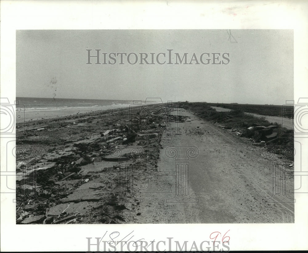1984 Hurricane damaged Texas 87 road on upper Texas coast - Historic Images
