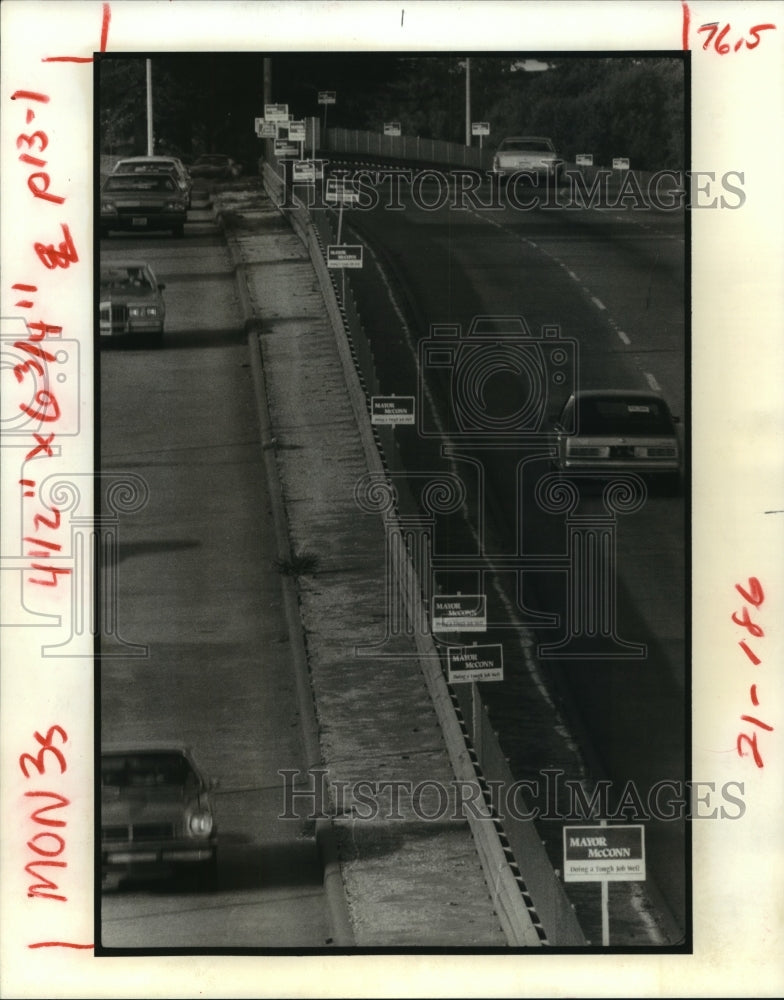 1981 Campaign signs for Jim McConn along Memorial Drive in Houston - Historic Images