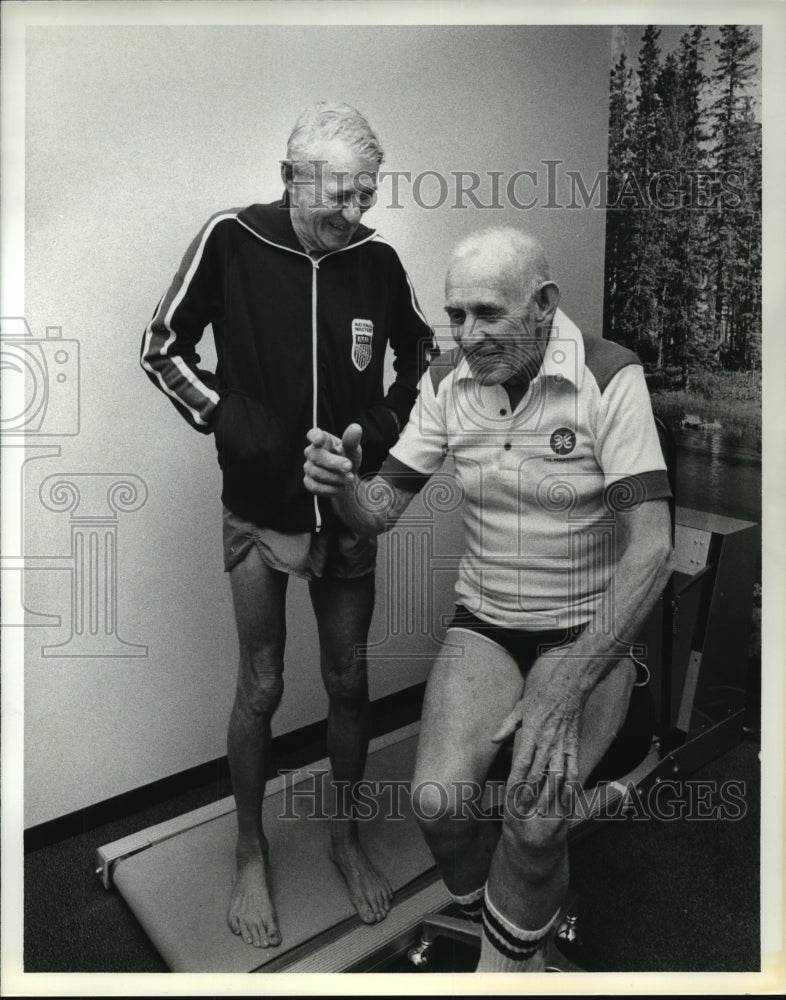 1979 Two elderly Houston men in running shorts; Houston Marathon - Historic Images