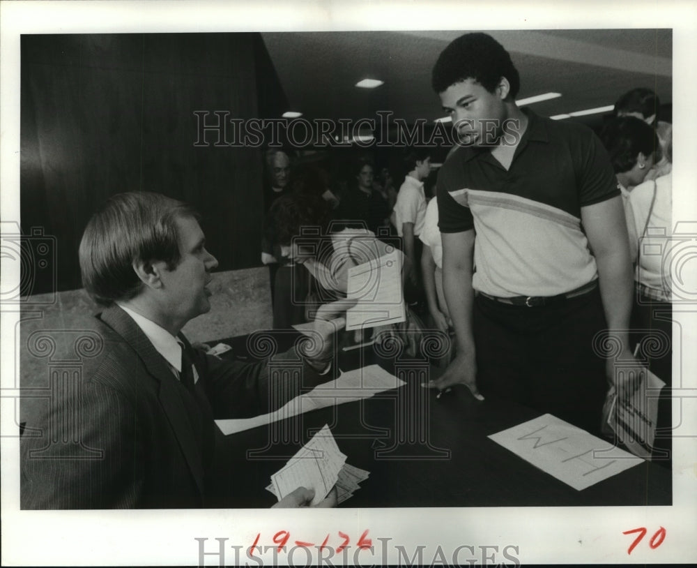 1984 Houston Episcopal High dean speaks to student Francis Keating - Historic Images