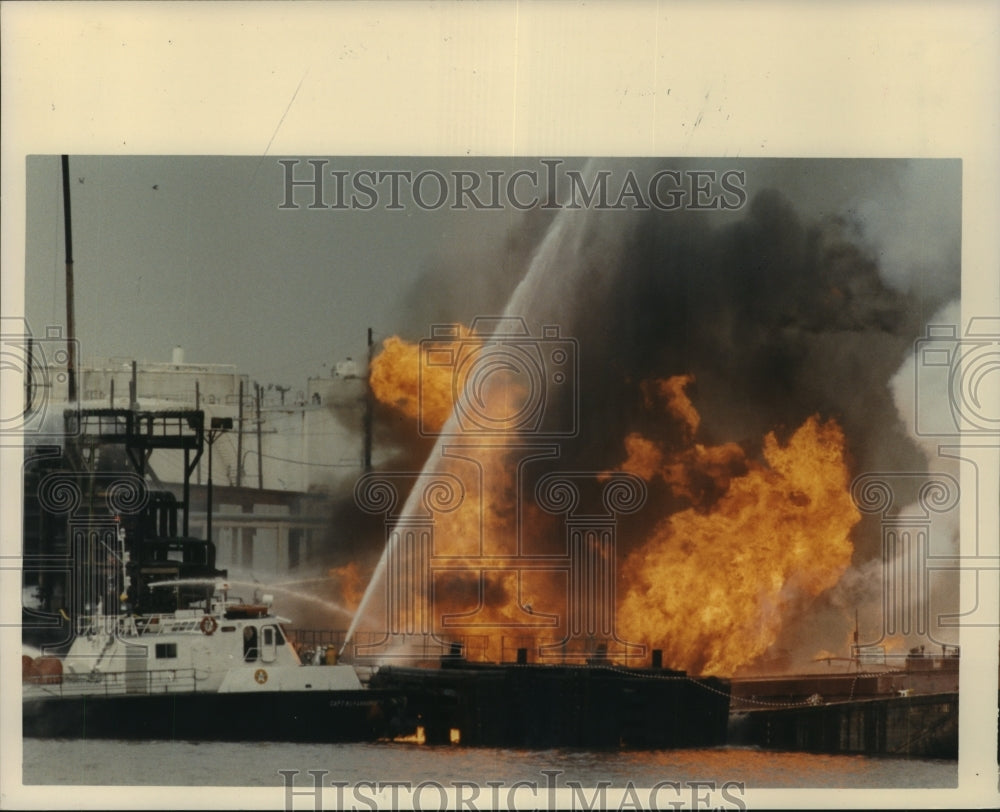 1986 Fire boat sprays fire at Houston Ship Channel - Historic Images