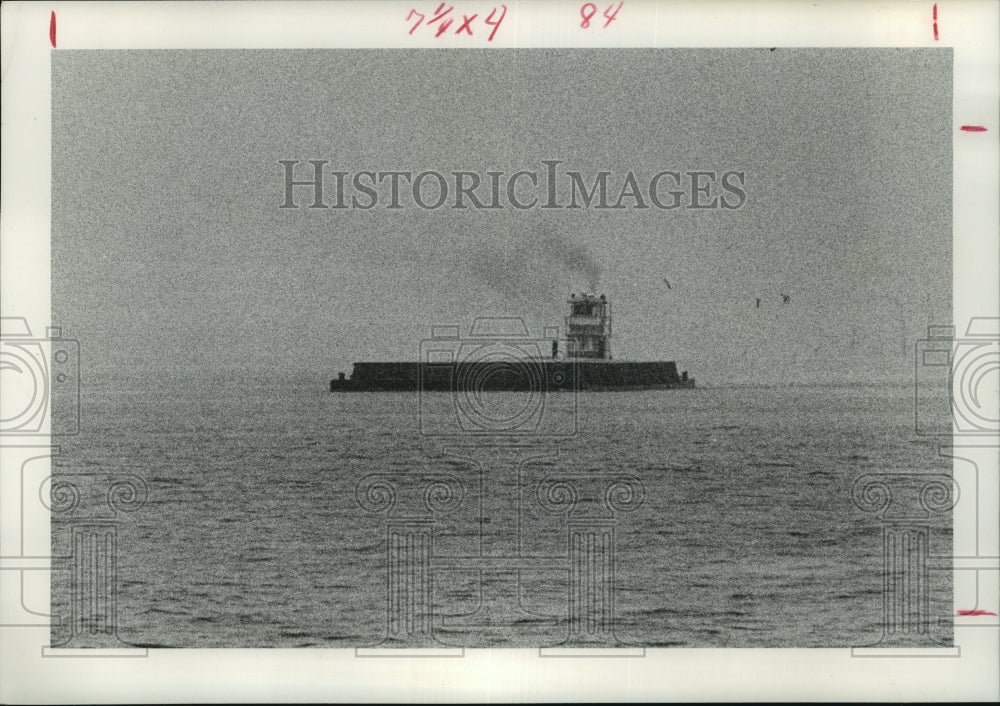 1976 Tugboat moves barge on San Jacinto River into Ship Channel - Historic Images