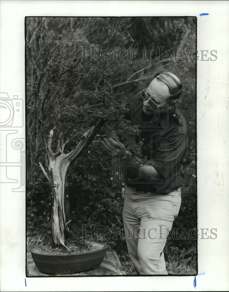 1986 Ed Thacker demonstrates bonsai tree at Houston Arboretum - Historic Images