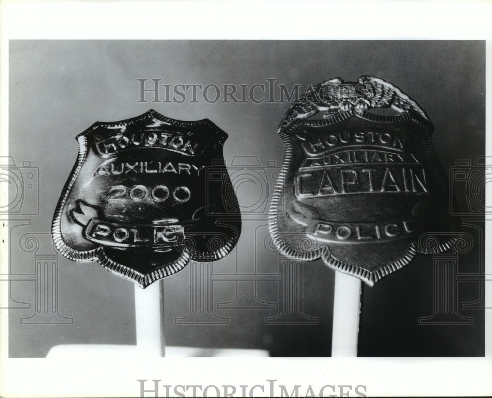 1989 Close up of Houston Auxiliary Police badges - Historic Images