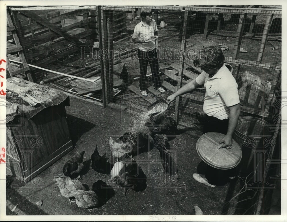 1983 Press Photo Marion Christian High students feed chickens in Houston - Historic Images