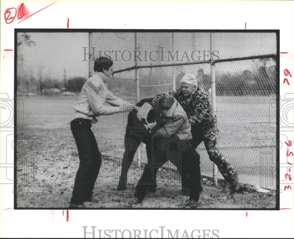 1985 Calf caught outside Sam Houston High School in Houston - Historic Images