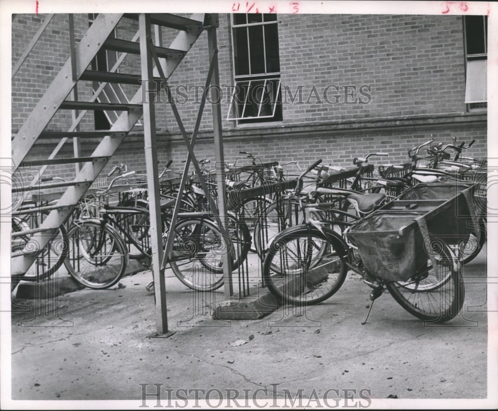 1962 Bicycles outside Woodrow Wilson Elementary in Houston - Historic Images