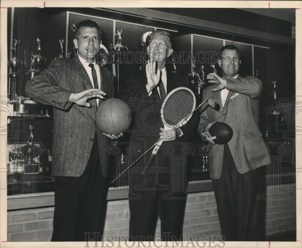 1961 Press Photo Sports Coaches &amp; trophy case, Lamar State College of Technology - Historic Images