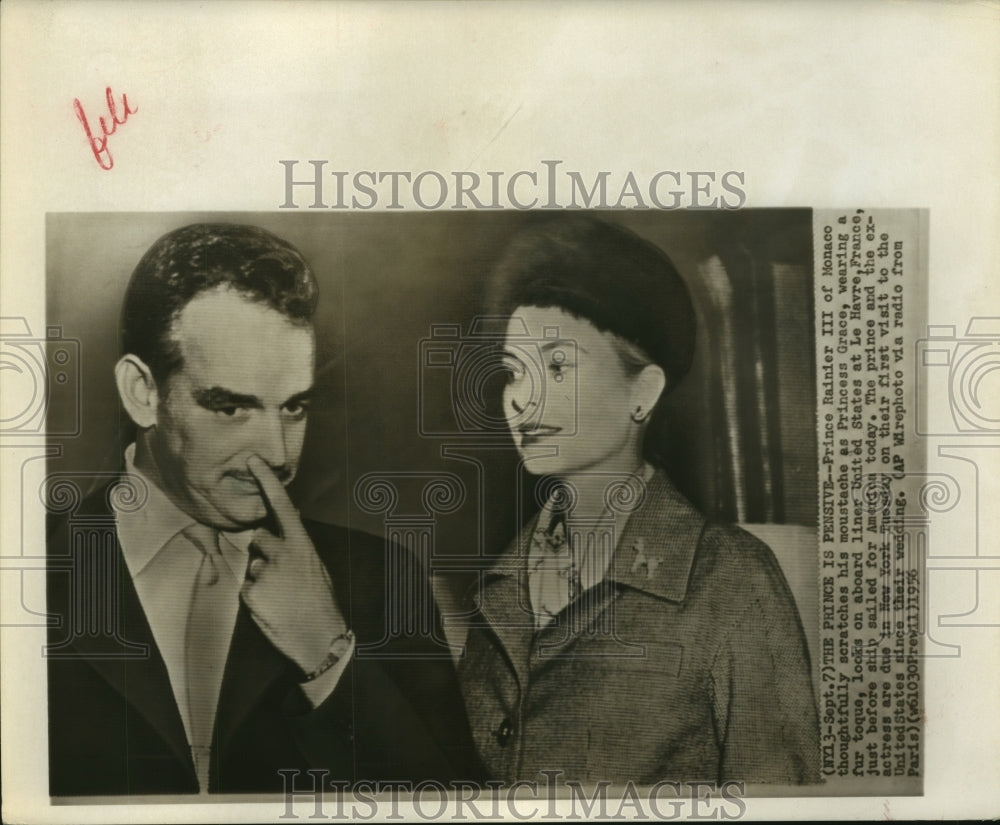 1956 Prince Rainer, Princess Grace aboard ship at Le Harvre, France - Historic Images