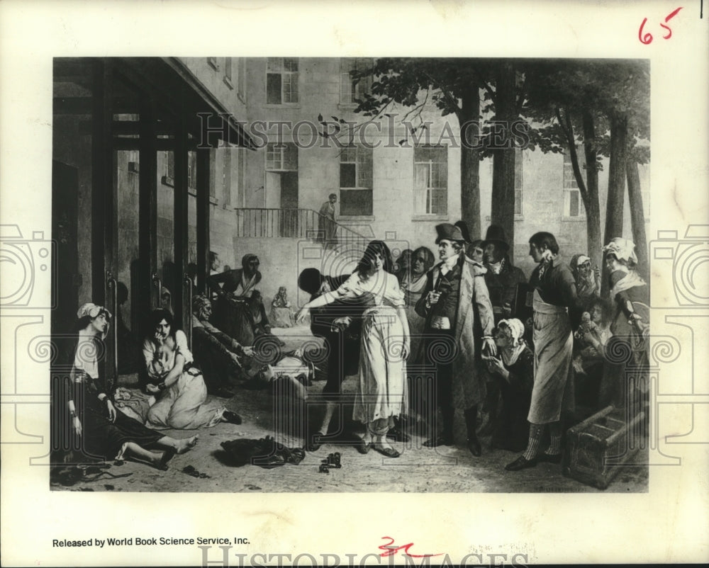 1967 Press Photo Drawing illustrates a typical asylum scene two centuries ago. - Historic Images