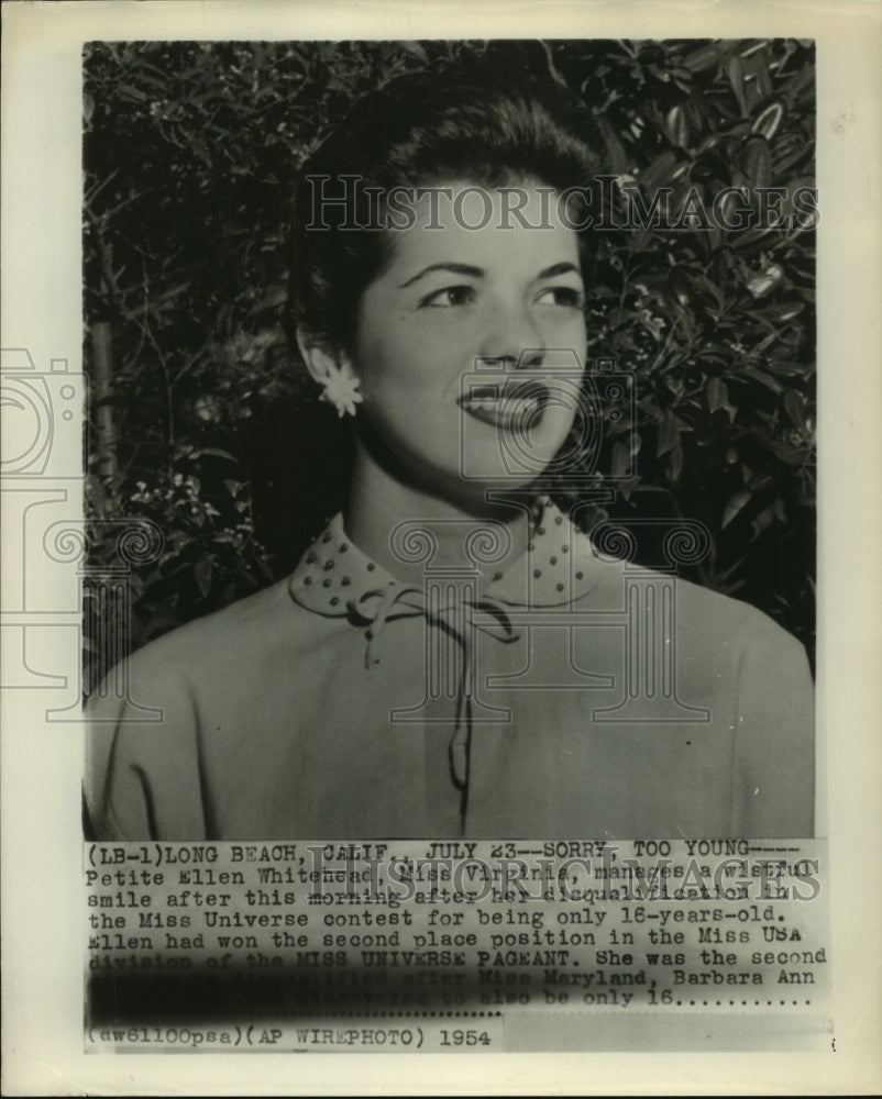 1954 Press Photo Ellen Whitehead disqualified from Miss Universe for being 16 - Historic Images