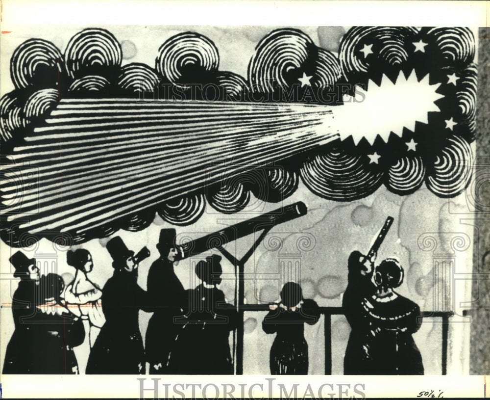 1985 Press Photo Artwork at Houston Museum of Natural Science; group watches sky - Historic Images