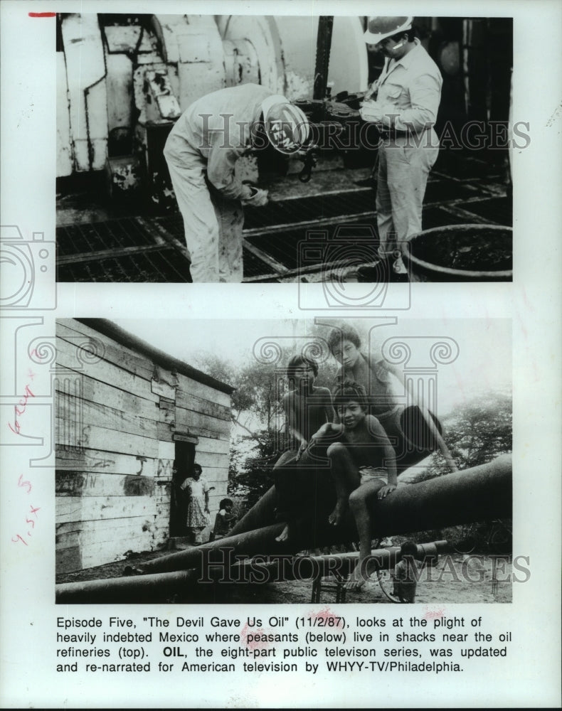 1987 Press Photo Scenes from &quot;The Devil Gave Us Oil&quot; episode of &quot;Oil&quot; on PBS - Historic Images