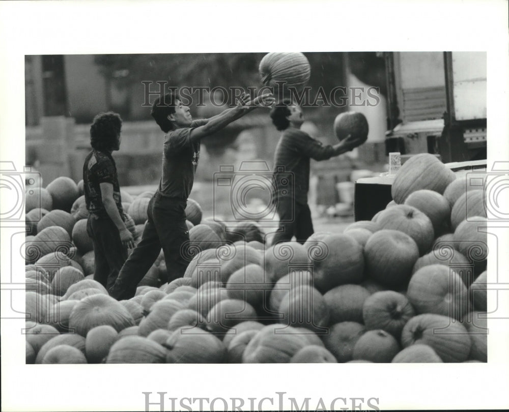 1991 Press Photo Workers at Houston Flowery unload truck of pumpkins - hca49149 - Historic Images