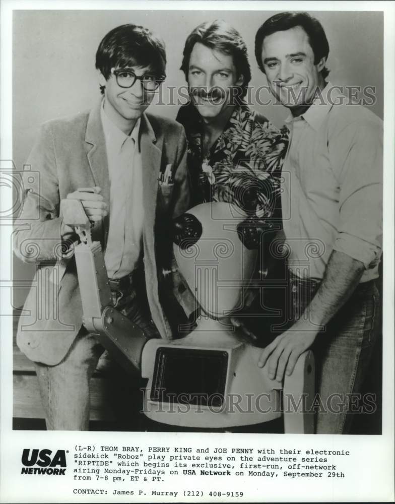 1986 Press Photo Thom Bray, Perry King and Joe Penny of "Riptide" on USA Network- Historic Images