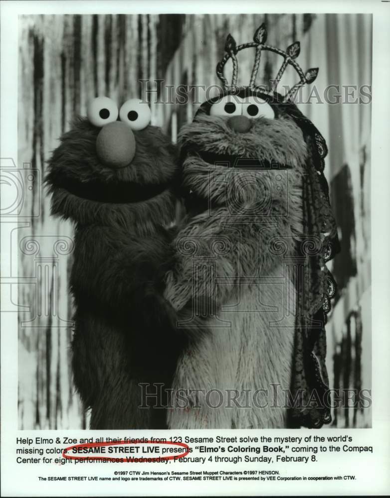 1998 Press Photo Elmo & Zoe in Sesame Street Live's "Elmo's Coloring Book"- Historic Images