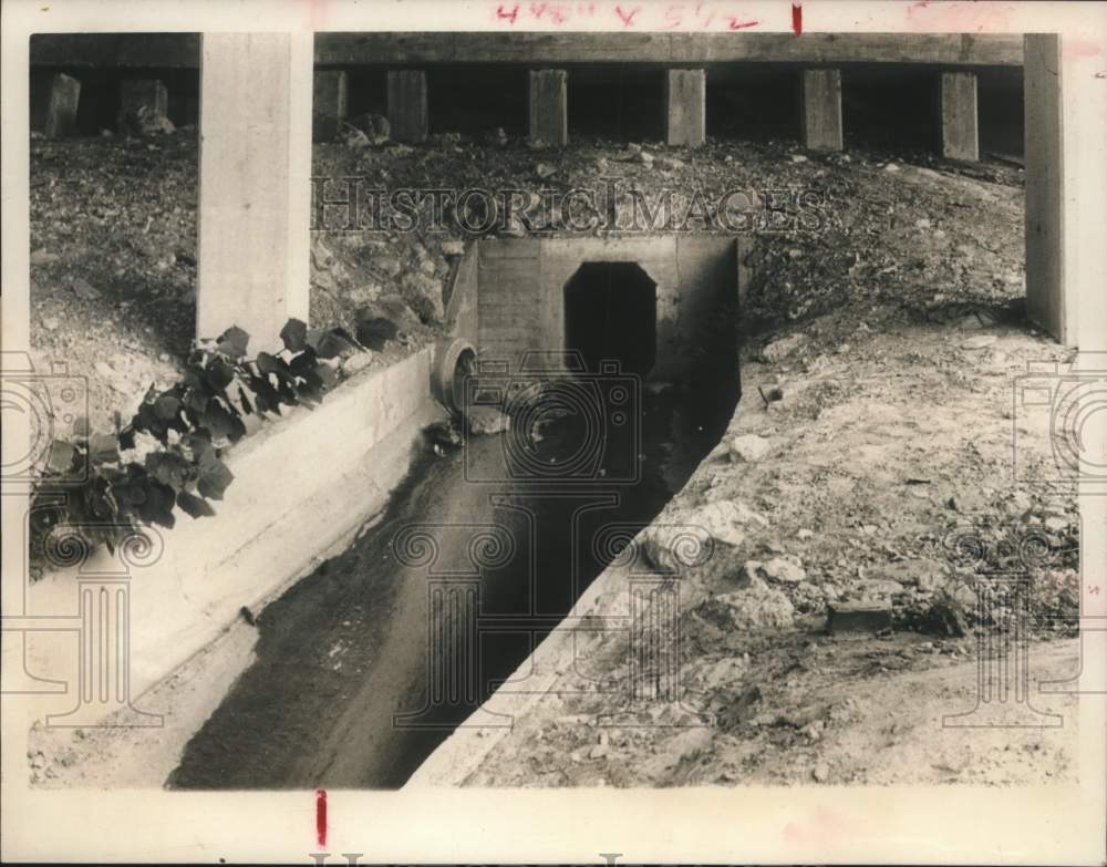 1964 Open sewer drains waste from Houston buildings into the bayou - Historic Images