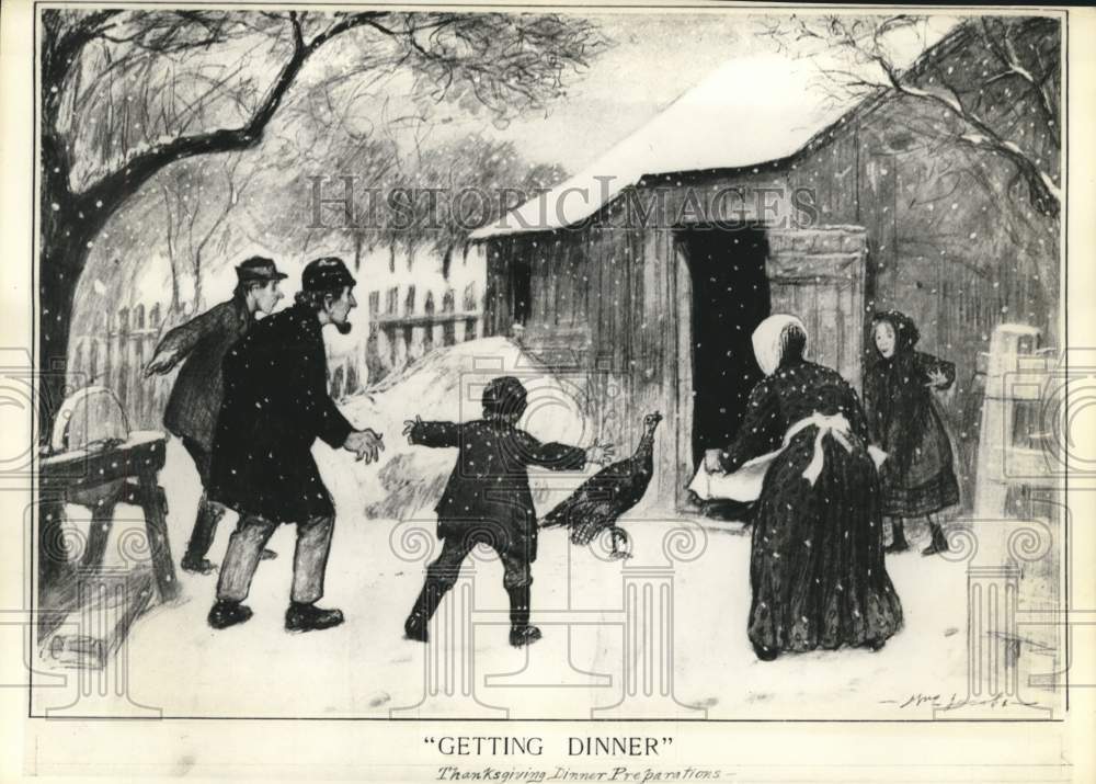 1940 Press Photo Drawing of Family Preparing for Thanksgiving Dinner - Historic Images