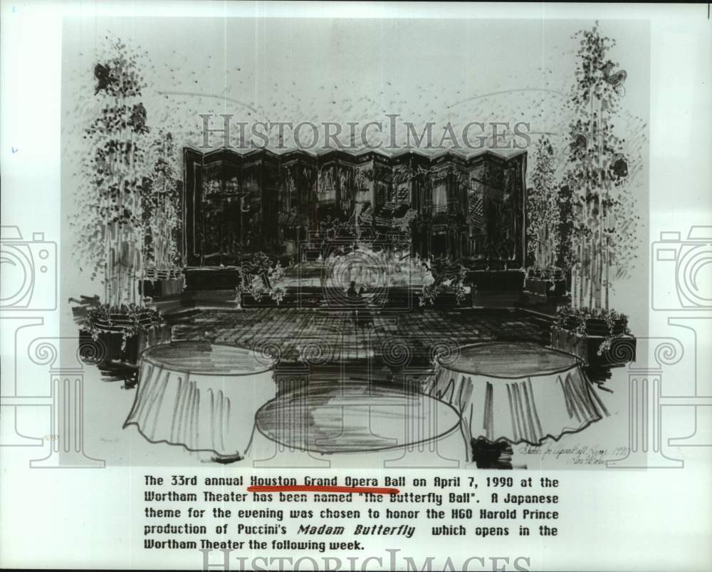 1990 Press Photo Artist sketch of Houston Grand Opera&#39;s Butterfly Ball decor- Historic Images