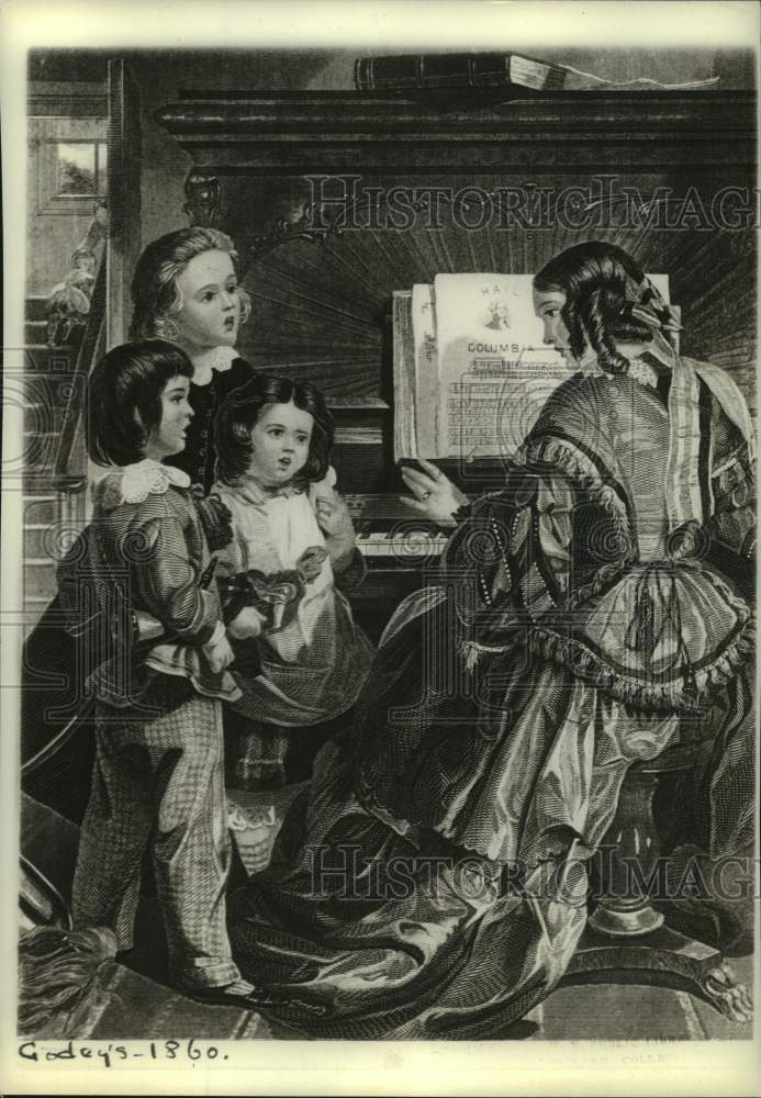1940 Press Photo Artist rendering of Family singing at piano on Thanksgiving Day - Historic Images